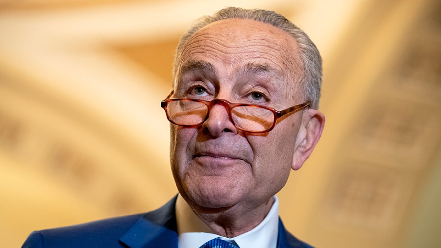 Majority Leader Charles Schumer (D-N.Y.) addresses reporters after the weekly policy luncheon on Tuesday, November 16, 2021.