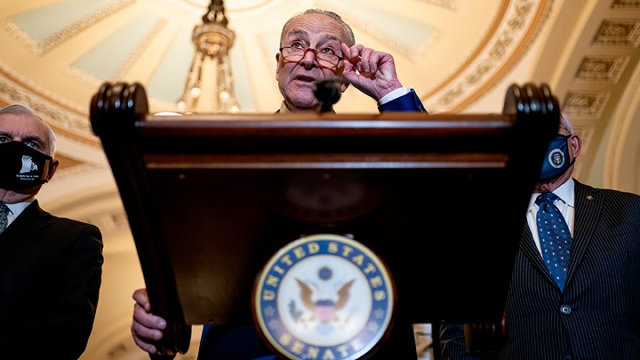 Majority Leader Charles Schumer (D-N.Y.) addresses reporters after the weekly policy luncheon on Tuesday, November 16, 2021.