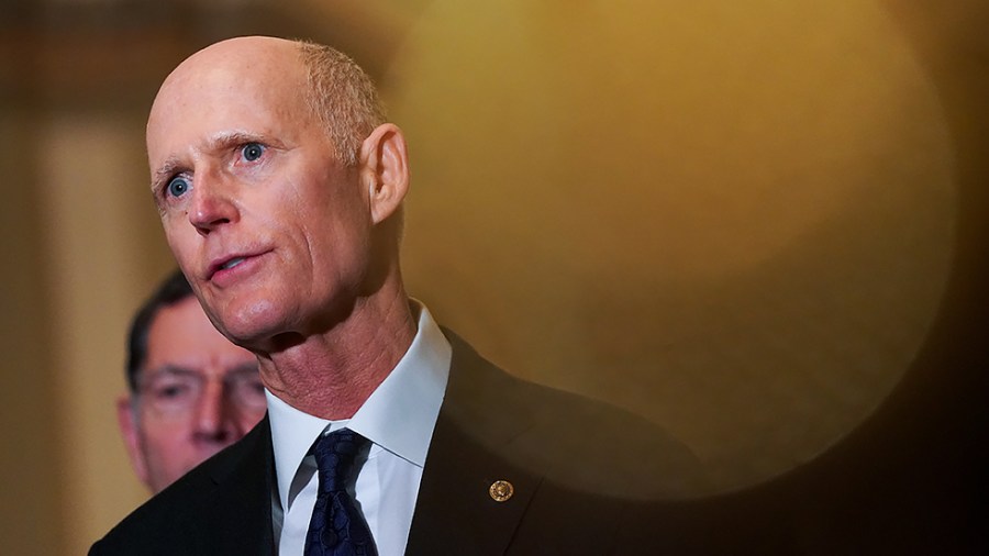 Sen. Rick Scott (R-Fla.) addresses reporters after the weekly policy luncheon on Tuesday, November 2, 2021.