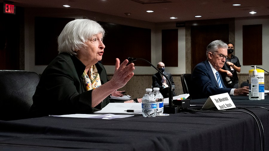 Treasury Secretary Janet Yellen answers questions during a Senate Banking, Housing, and Urban Affairs Committee hearing to discuss oversight of the Department of Treasury and Federal Reserve over the CARES Act on Tuesday, November 30, 2021.