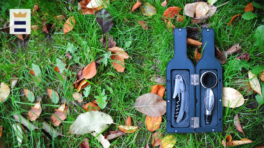 Wine bottle opener set sits in grass with scattered leaves.