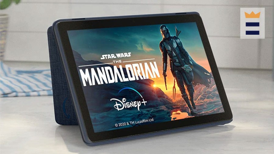 The Amazon Fire HD 10 displaying a promo for the Disney movie The Mandalorian