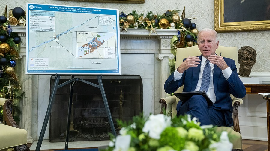 President Biden responds to a question from the news media following a briefing on Dec. 13, 2021 to discuss the Federal response to the tornadoes and extreme weather that impacted multiple states Friday night.