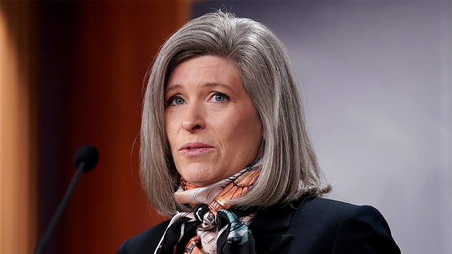 Sen. Joni Ernst (R-Iowa) addresses reporters during a press conference on Wednesday, December 8, 2021 to discuss the Military Justice Improvement and Increasing Prevention Act as the Senate takes up the National Defense Authorization Act.