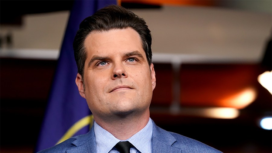 Rep. Matt Gaetz (R-Fla.) is seen during a press conference on Tuesday, December 7, 2021 to release a report about those who were arrested for Jan. 6 attack on the Capitol entitled ‘Unusually Cruel: An Eyewitness Report from Inside the D.C. Jail.’