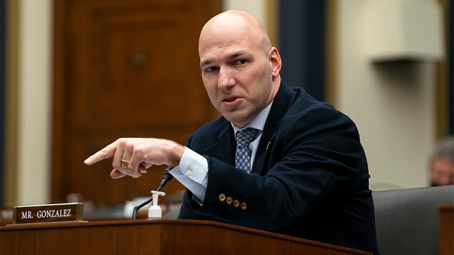 Rep. Anthony Gonzalez (R-Ohio) asks questions during a House Financial Services Committee oversight hearing of the Treasury Department's and Federal Reserve's Pandemic Response on Wednesday, December 1, 2021.