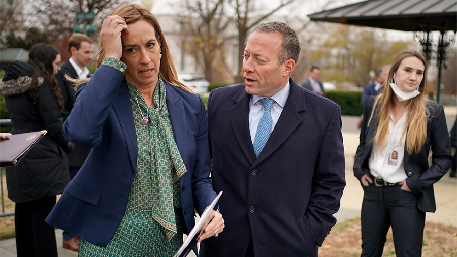 Reps. Mikie Sherrill (D-N.J.) and Josh Gottheimer (R-N.J.) arrives for a press conference on Wednesday, December 8, 2021 to discuss state and local tax deductions.