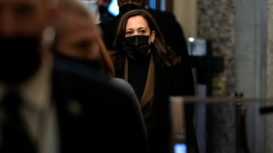 Vice President Harris arrives to the Capitol on Wednesday, December 8, 2021 to break a tie vote regarding a nomination.