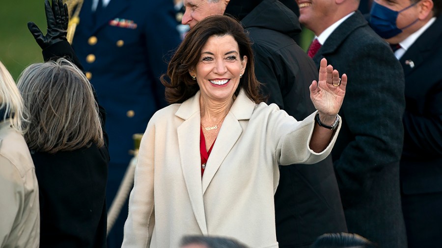 New York Governor Kathy Hochul (D) is seen at a signing ceremony for the Infrastructure Investment and Jobs Act on the South Lawn of the White House on Monday, November 15, 2021.