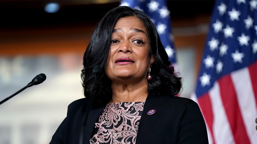 Rep. Pramila Jayapal (D-Wash.) addresses reporters during a press conference on Wednesday, December 8, 2021 about a resolution condemning Rep. Lauren Boebert's (R-Colo.) use of Islamaphobic rhetoric and removing her from her current committee assignments