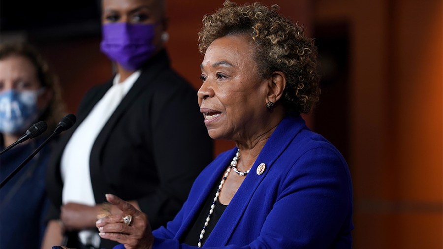 Rep. Barbara Lee (D-Calif.) addresses reporters during a press conference on Wednesday, December 8, 2021 about a resolution condemning Rep. Lauren Boebert's (R-Colo.) use of Islamaphobic rhetoric and removing her from her current committee assignments.