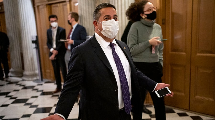 Sen. Ben Lujan (D-N.M.) arrives for a vote for a short-term continuing resolution to fund the government until Feb 18 on Thursday, December 2, 2021.