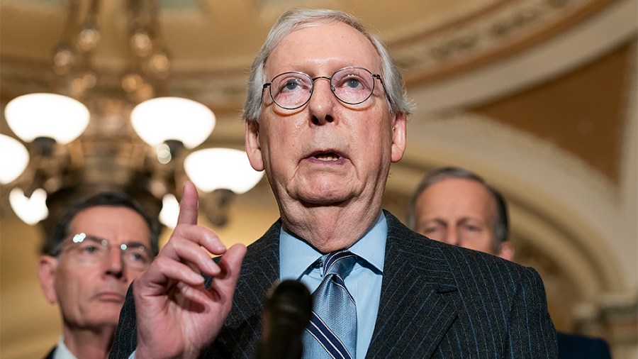 Minority Leader Mitch McConnell (R-Ky.) addresses reporters after the weekly policy luncheon on Tuesday, December 7, 2021.