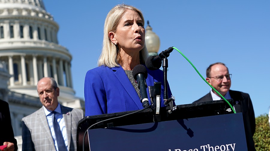 Rep. Mary Miller (R-Ill.) addresses reporters during a press conference on Wednesday, September 29, 2021 to introduce the Defending Students' Civil Rights Act to stop Critical Race Theory teaching in schools.