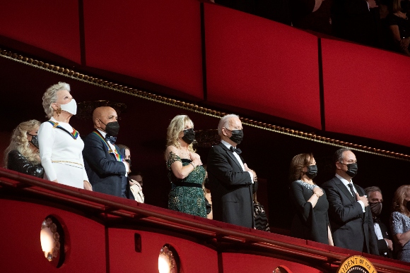 Kennedy Center honorees stand for the national anthem with first lady Jill Biden, President Joe Biden, Vice President Kamala Harris and second gentleman Doug Emhoff