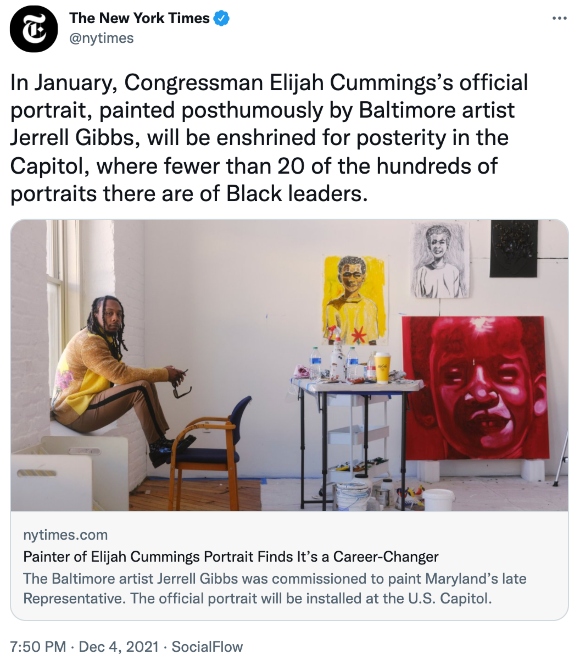 In January, Congressman Elijah Cummings’s official portrait, painted posthumously by Baltimore artist Jerrell Gibbs, will be enshrined for posterity in the Capitol