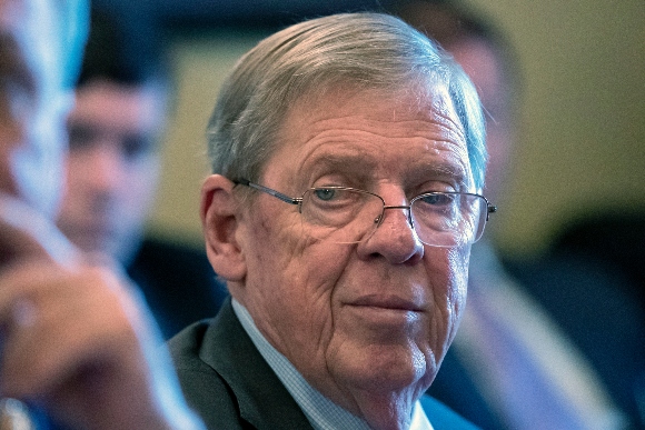 In this Feb. 14, 2019 photo, Sen. Johnny Isakson, R-Ga., leads a meeting on Capitol Hill