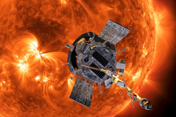 This image shows an artist's rendering of the Parker Solar Probe approaching the Sun