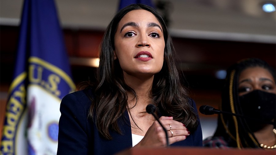 Rep. Alexandria Ocasio-Cortez (D-N.Y.) addresses reporters during a press conference on Wednesday, December 8, 2021 about a resolution condemning Rep. Lauren Boebert's (R-Colo.) use of Islamaphobic rhetoric and removing her from her current committees