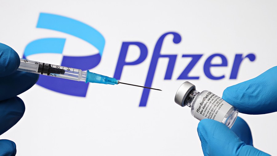 Photo illustration of the Pfizer and BioNTech COVID-19 vaccine taken on October 03, 2021.