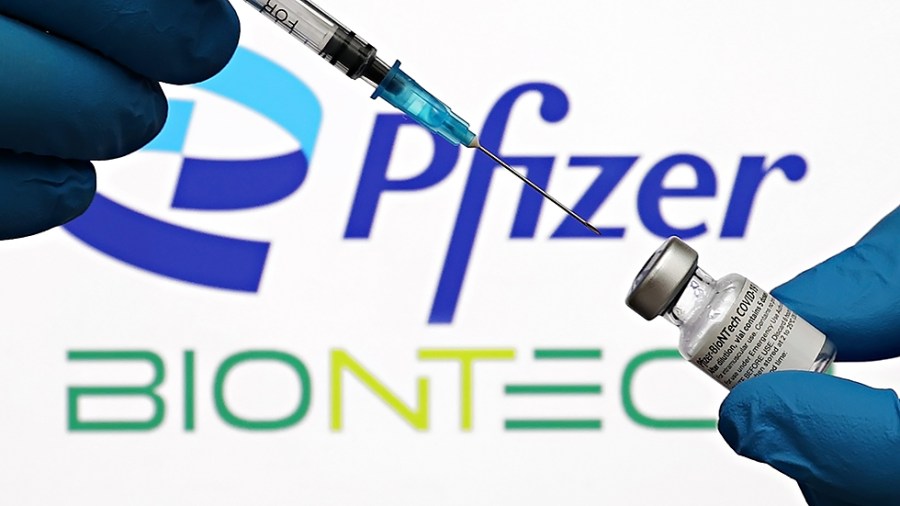 Photo illustration of the Pfizer and BioNTech COVID-19 vaccine taken on October 03, 2021.