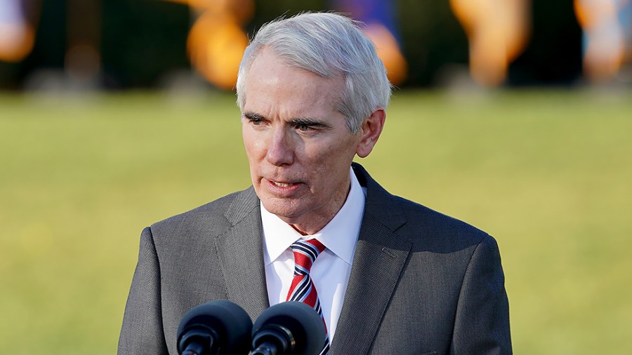 Sen. Rob Portman (R-Ohio) speaks at a signing ceremony for the Infrastructure Investment and Jobs Act on the South Lawn of the White House on Monday, November 15, 2021.