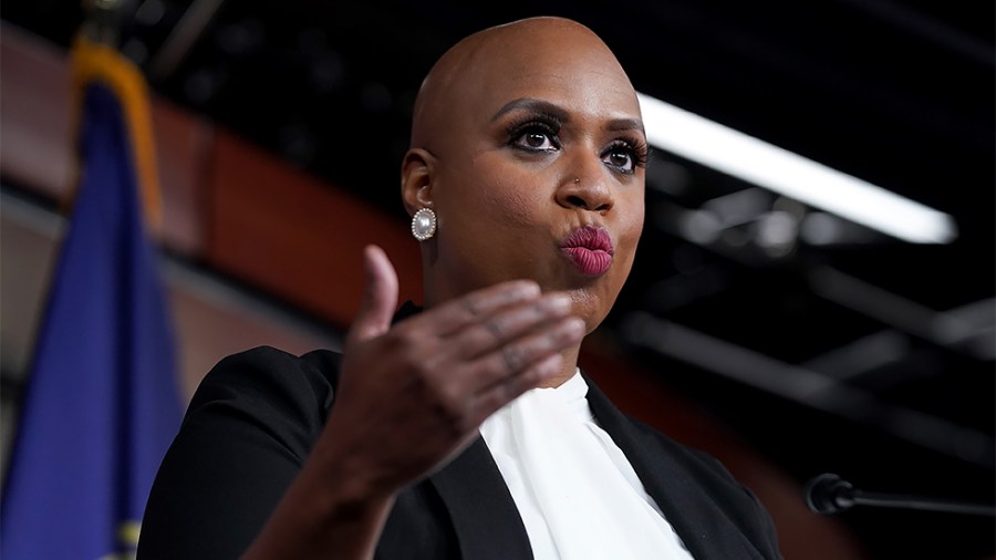 Rep. Ayanna Pressley (D-Mass.) addresses reporters during a press conference on Wednesday, December 8, 2021 about a resolution condemning Rep. Lauren Boebert's (R-Colo.) use of Islamaphobic rhetoric and removing her from her current committee assignments.