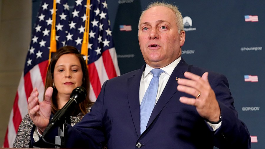 House Minority Whip Steve Scalise (R-La.) addresses reporters during a press conference on Wednesday, October 20, 2021 following the closed-door House Republican Conference meeting.