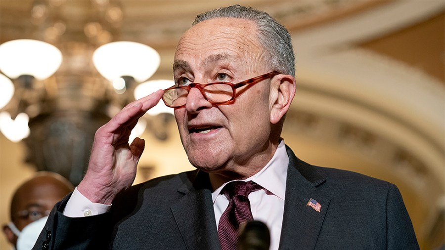 Majority Leader Charles Schumer (D-N.Y.) addresses reporters after the weekly policy luncheon on Tuesday, December 7, 2021.