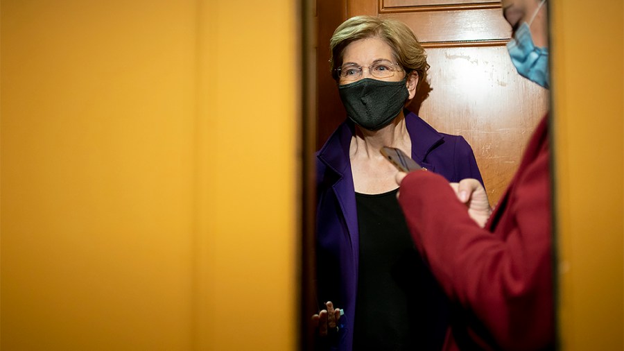 Sen. Elizabeth Warren (D-Mass.) arrives to the U.S. Capitol on Tuesday, December 7, 2021 for votes regarding nominations including Federal Communications Commission Chairman Jessica Rosenworcel.