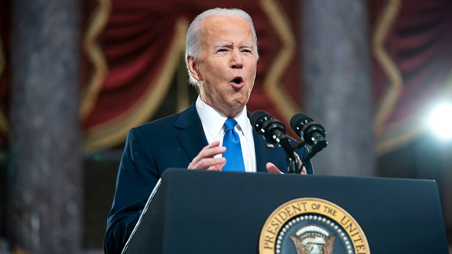 President Joe Biden gives remarks in Statuary Hall of the U.S Capitol in Washington, D.C., on Thursday, January 6, 2022 to mark the one year anniversary of the attack on the Capitol.