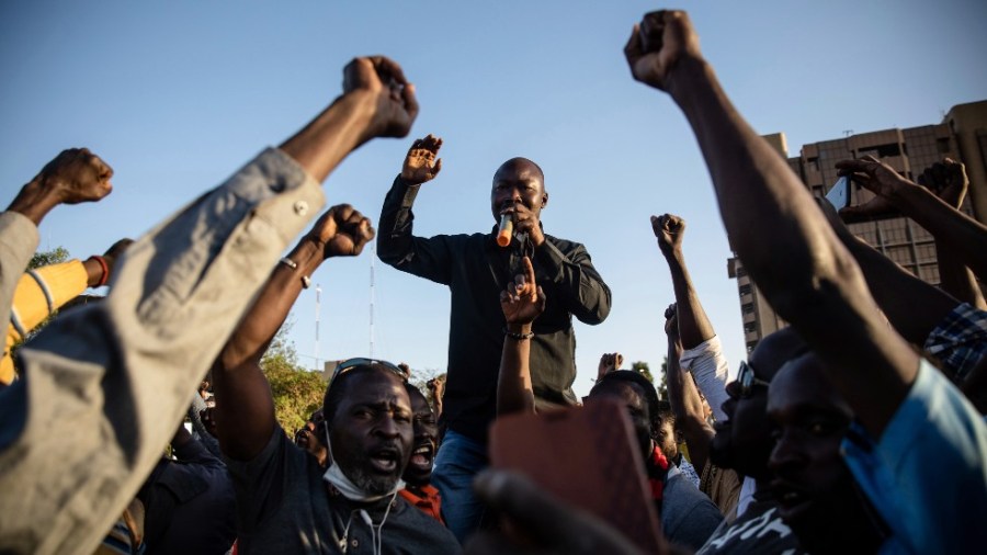 Activist Mamadou Drabo, leader of the Save Burkina Faso movement, announces that Lt. Col. Paul Henri Sandaogo Damiba has taken the reins of the country