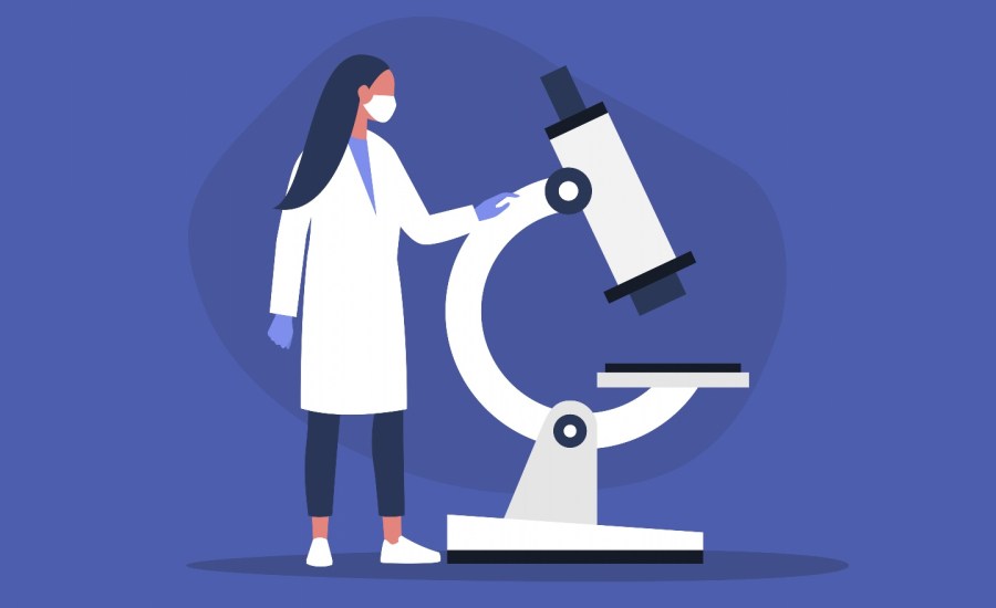 Young female scientist looking through the microscope, lab research, coronavirus pandemic stock illustration