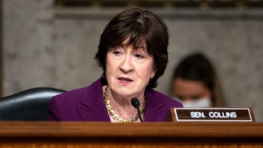 Sen. Susan Collins (R-Maine) asks questions regarding testing at the border during a Senate Health, Education, Labor, and Pensions Committee hearing on Jan. 11, 2022.