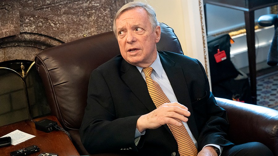 Sen. Richard Durbin (D-Ill.) speaks to reporters on Monday, January 31, 2022 to discuss the upcoming Supreme Court nominee process in the Senate Judiciary Committee.