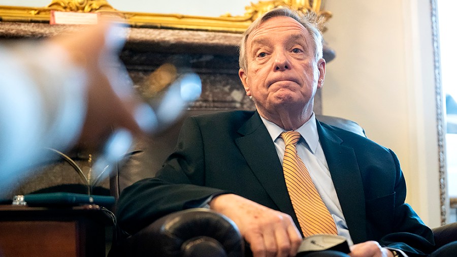 Sen. Richard Durbin (D-Ill.) listens to a reporters’ question on Monday, January 31, 2022 to discuss the upcoming Supreme Court nominee process in the Senate Judiciary Committee.