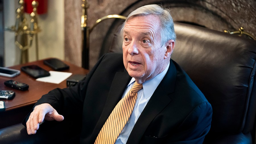 Sen. Richard Durbin (D-Ill.) speaks to reporters on Monday, January 31, 2022 to discuss the upcoming Supreme Court nominee process in the Senate Judiciary Committee.