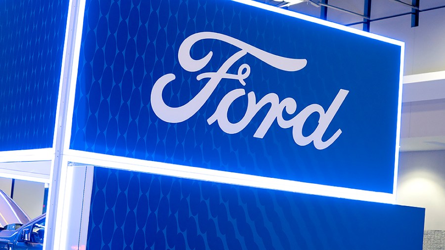 A Ford logo is seen at the Washington, D.C., Auto Show at the Walter E. Washington Convention Center on Monday, January 24, 2022.