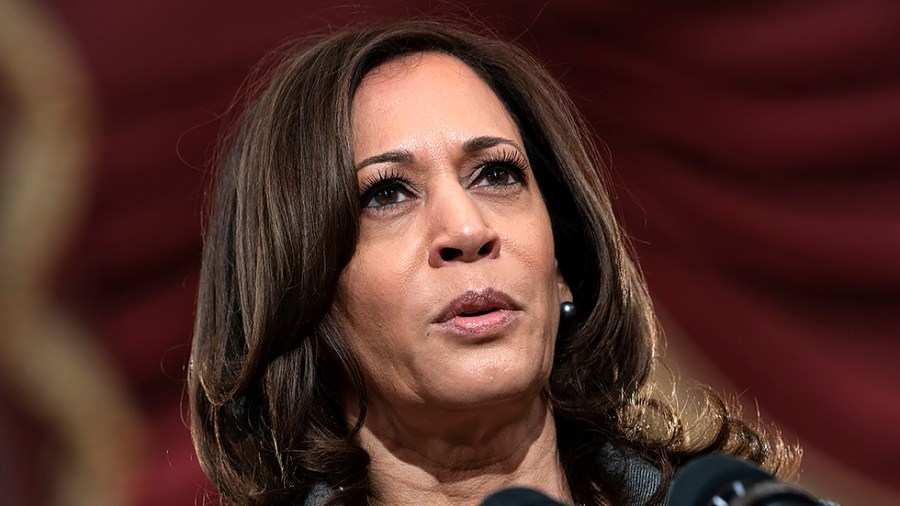 Vice President Kamala Harris gives remarks in Statuary Hall of the U.S Capitol in Washington, D.C., on Thursday, January 6, 2022 to mark the year anniversary of the attack on the Capitol.