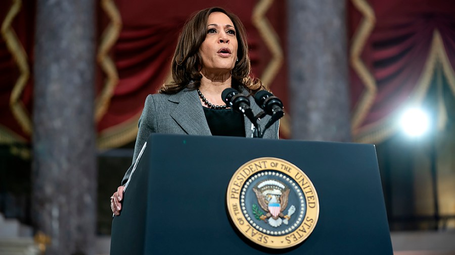 Vice President Kamala Harris gives remarks in Statuary Hall of the U.S Capitol in Washington, D.C., on Thursday, January 6, 2022 to mark the year anniversary of the attack on the Capitol.