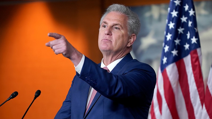 Minority Leader Kevin McCarthy (R-Calif.) listens to a question during his weekly press conference on Thursday, January 13, 2022.