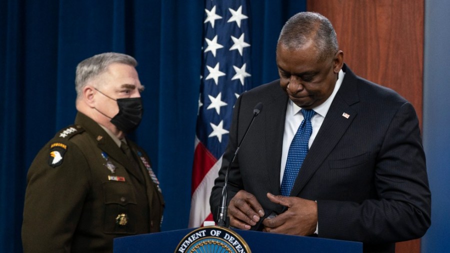 Joint Chiefs Chairman Gen. Mark Milley, left, and Defense Secretary Lloyd Austin