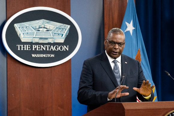 Secretary of Defense Lloyd Austin speaks during a media briefing at the Pentagon