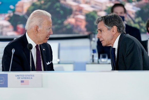 President Joe Biden speaks with Secretary of State Antony Blinken