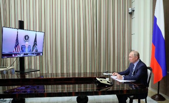 Russian President Vladimir Putin is shown during his talks with U.S. President Joe Biden via videoconference