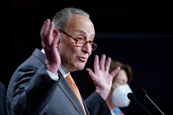 Senate Majority Leader Chuck Schumer of N.Y., speaks during a news conference