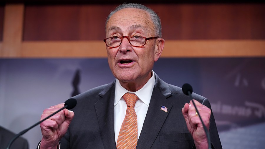 Majority Leader Charles Schumer (D-N.Y.) addresses reporters after a virtual policy luncheon on Tuesday, January 4, 2022.