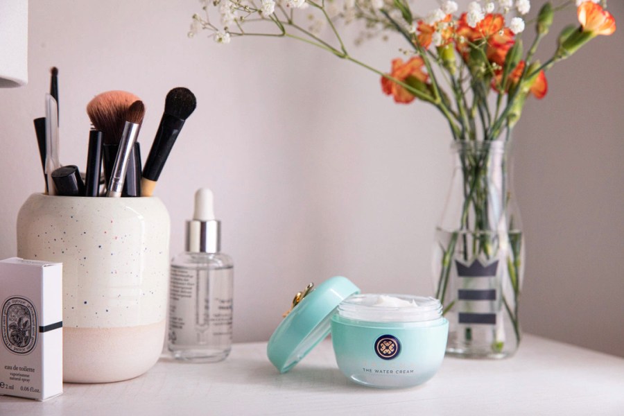 A jar of Tatcha Water Cream on the bathroom counter