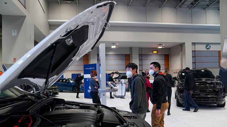 a Stellantis display is seen at the Washington, D.C., Auto Show at the Walter E. Washington Convention Center on Monday, January 24, 2022.