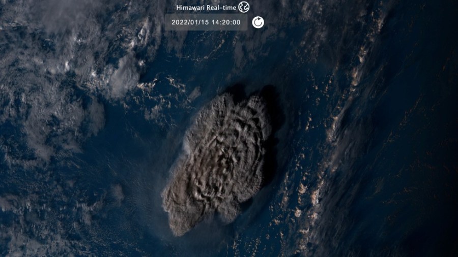 This satellite image taken by Himawari-8, a Japanese weather satellite operated by Japan Meteorological Agency and released by National Institute of Information and Communications Technology (NICT), shows an undersea volcano eruption